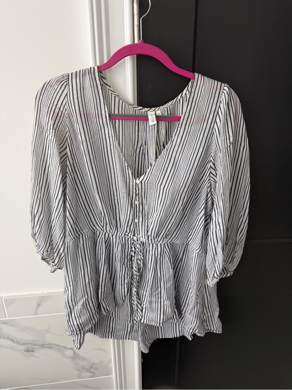Striped V-Neck Peplum Blouse - White & Navy